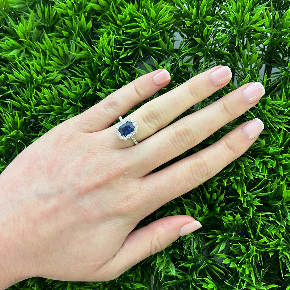DFJ 14 Karat White Gold Emerald Cut Sapphire &amp; Diamond Halo Ring