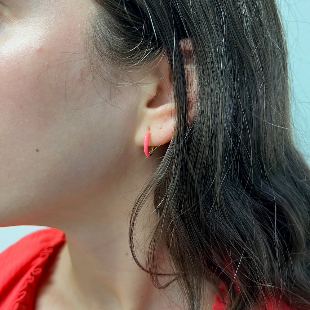 DFJ 14 Karat Yellow Gold Pink Enamel Huggie Earrings