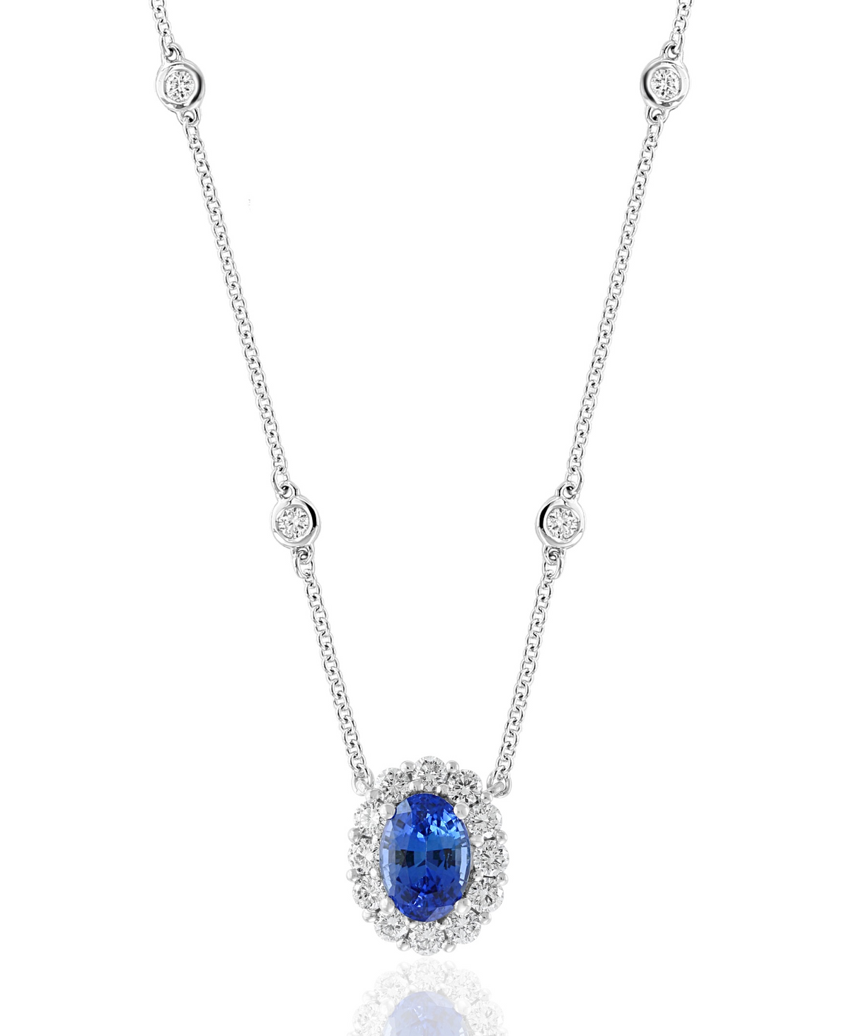 DFJ 18 Karat White Gold Oval Sapphire &amp; Diamond Halo Necklace