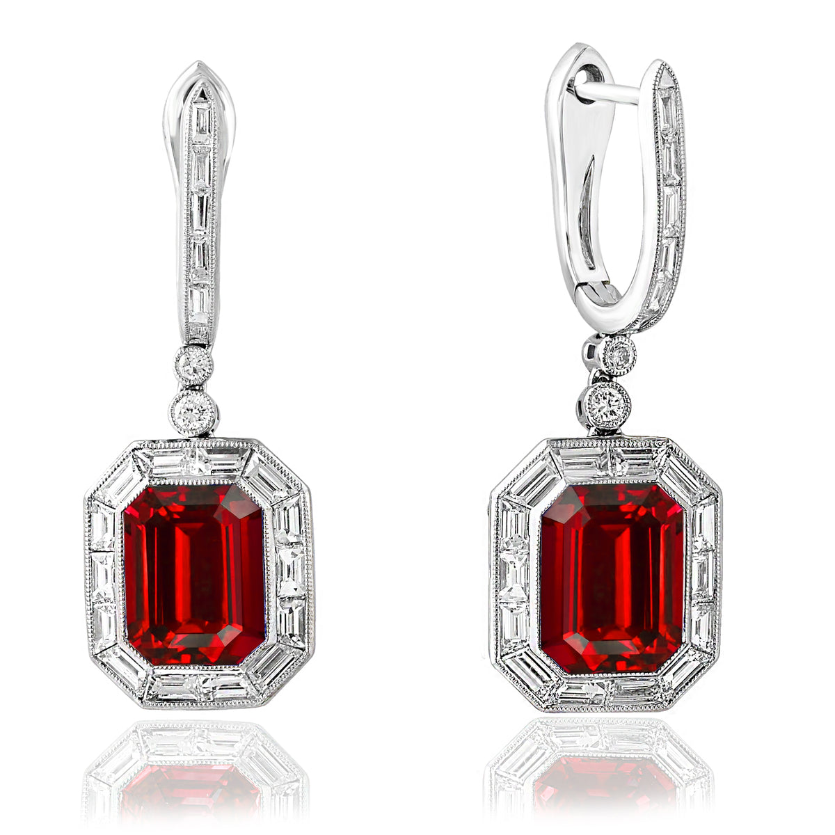 DFJ 18 Karat White Gold Emerald Cut Ruby &amp; Diamond Earrings - 3.10 TWT