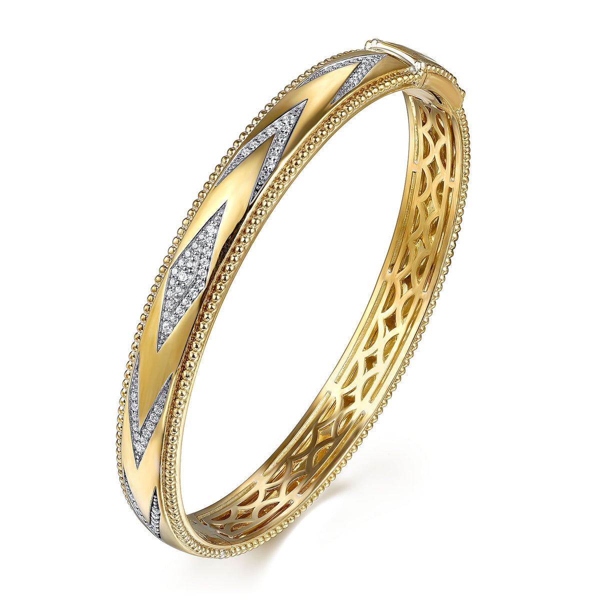 Gabriel &amp; Co. 14 Karat Yellow Gold Bujukan Diamond Chevron Pattern Bangle Bracelet 0.37TWT