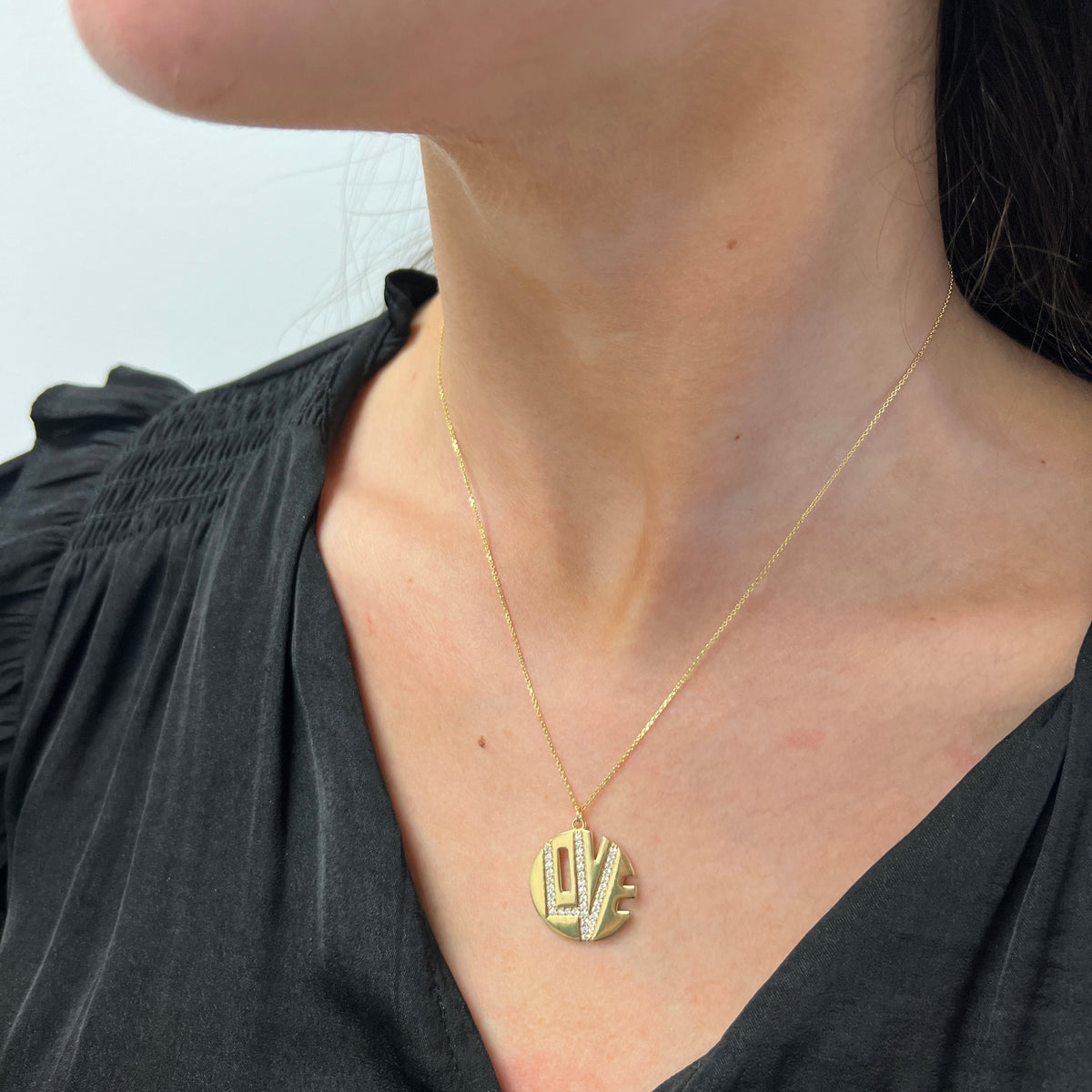 DFJ 14 Karat Yellow Gold Diamond Love Cutout Medallion Necklace