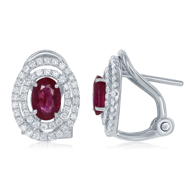 DFJ 18 Karat White Gold Oval Ruby Double Halo Earrings - 1.12 TWT