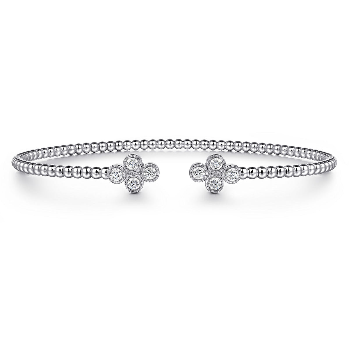 Gabriel &amp; Co. 14K White Gold Bujukan Bead Split Cuff Bracelet with Quatrefoil Diamond Endcaps 0.40TWT