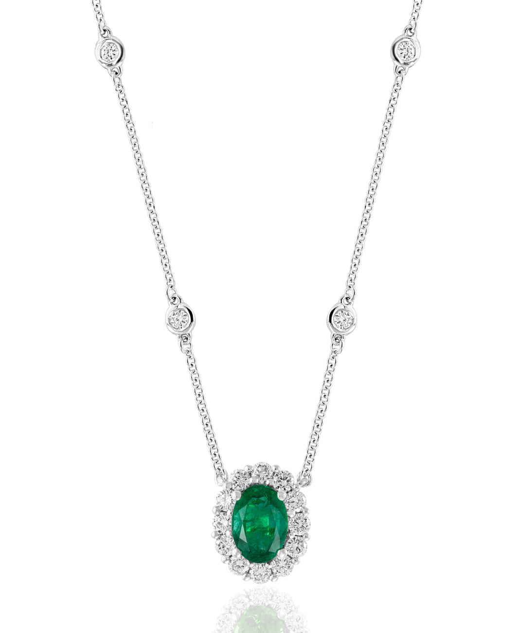 DFJ 18 Karat White Gold Oval Emerald &amp; Diamond Halo Necklace