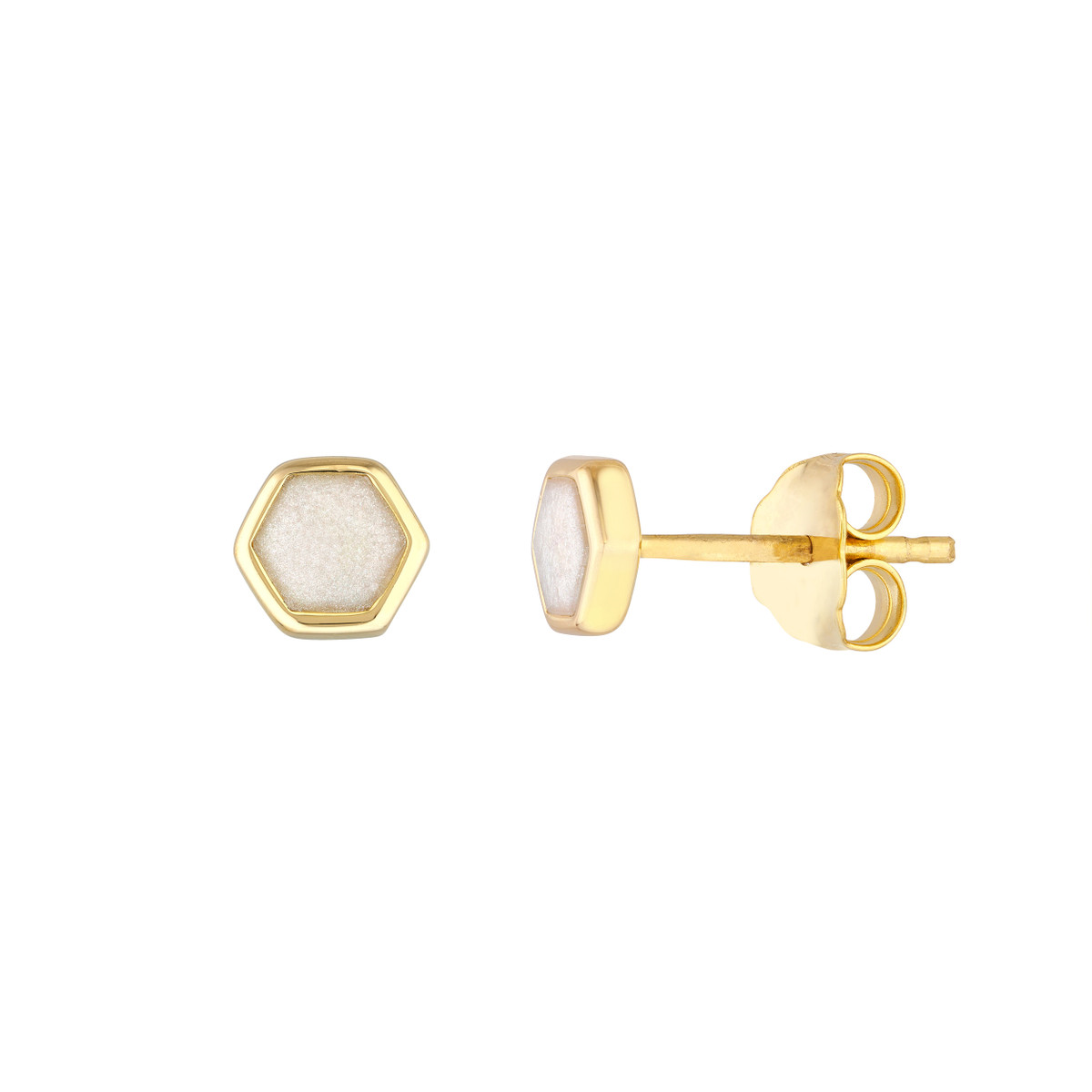 DFJ 14 Karat Yellow Gold Pearl Enamel Hex Disc Stud Earrings