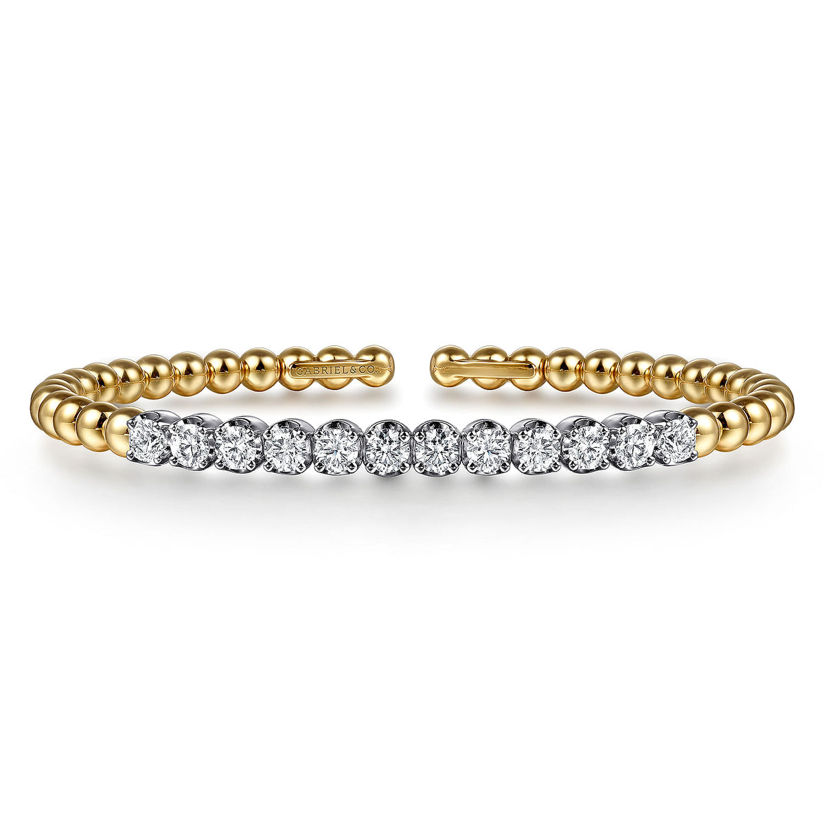 14 Karat White &amp; Yellow Gold Bujukan Beads and Diamond Split Bangle Bracelet 1.62TWT
