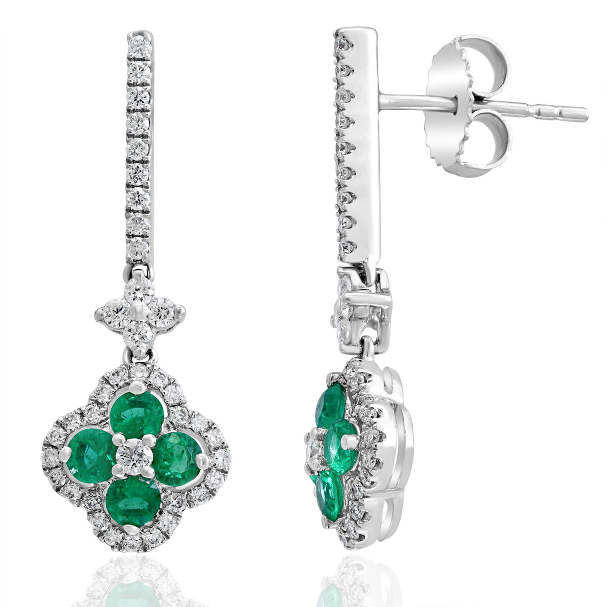 DFJ 18 Karat White Gold Round Emerald &amp; Diamond Earrings - 0.68 TWT