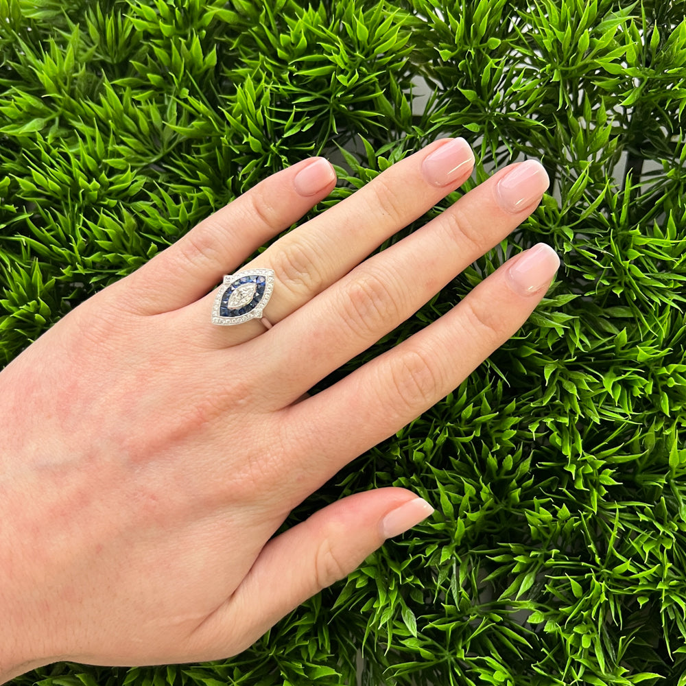 DFJ 18 Karat White Gold Vintage Inspired Diamond &amp; Sapphire Ring