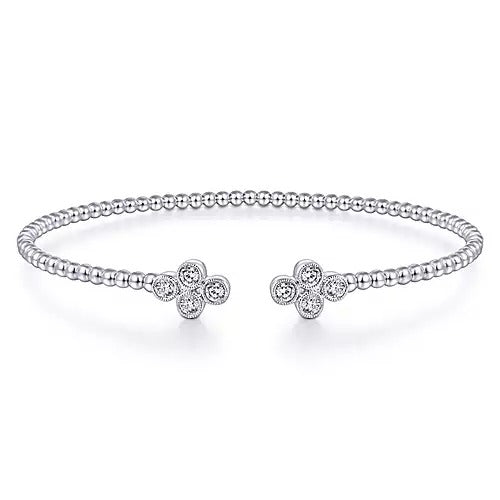 Gabriel &amp; Co. 14K White Gold Bujukan Bead Split Cuff Bracelet with Quatrefoil Diamond Endcaps 0.40TWT