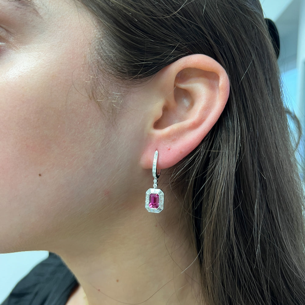 DFJ 18 Karat White Gold Emerald Cut Ruby &amp; Diamond Earrings - 3.10 TWT