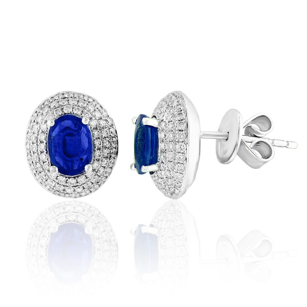 DFJ 18 Karat White Gold Oval Cut Sapphire &amp; Pave Halo Earrings - 1.09 TWT
