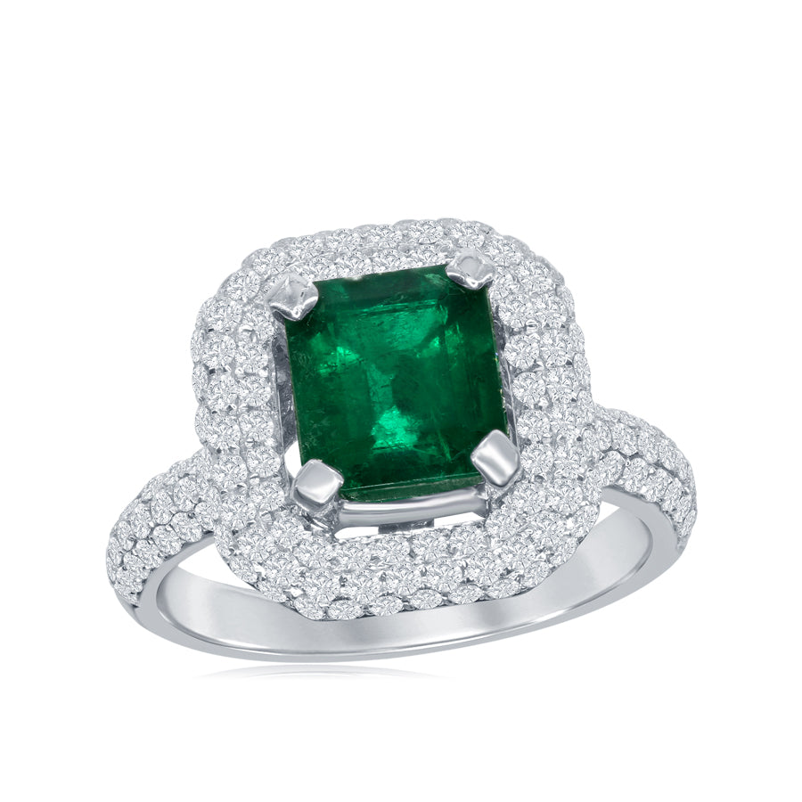 DFJ 18 Karat White Gold Emerald Cut Emerald &amp; Diamond Halo Ring