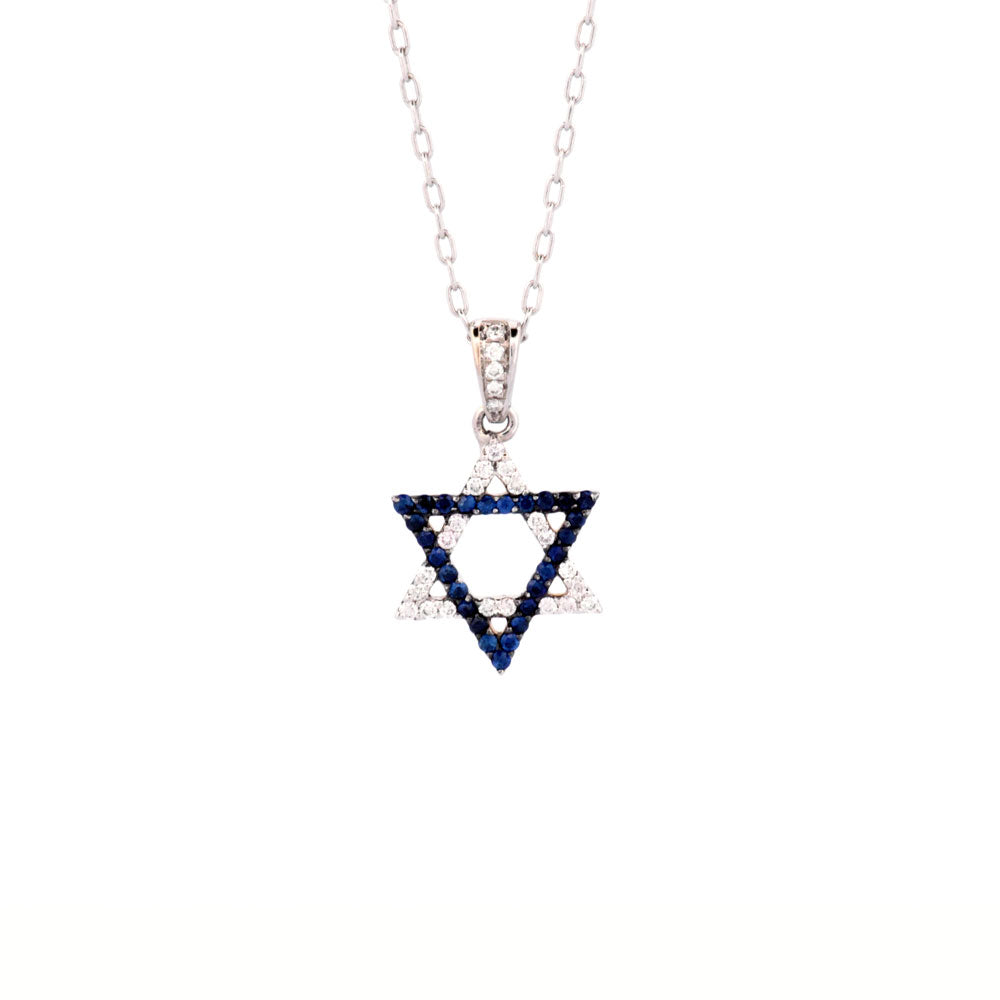 DFJ 18 Karat White Gold Sapphires &amp; Diamond Star of David Necklace