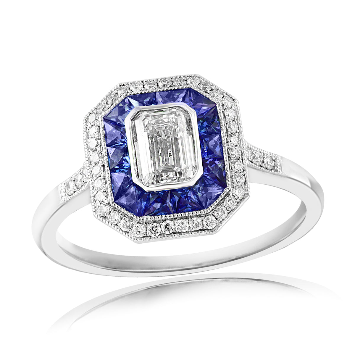 DFJ Platinum Vintage Inspired Diamond &amp; Sapphire Halo Ring
