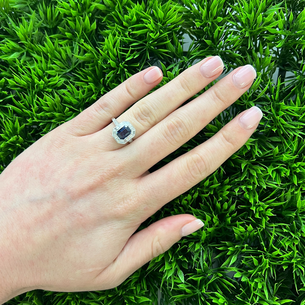 DFJ Platinum Sapphire &amp; Diamond Halo Ring