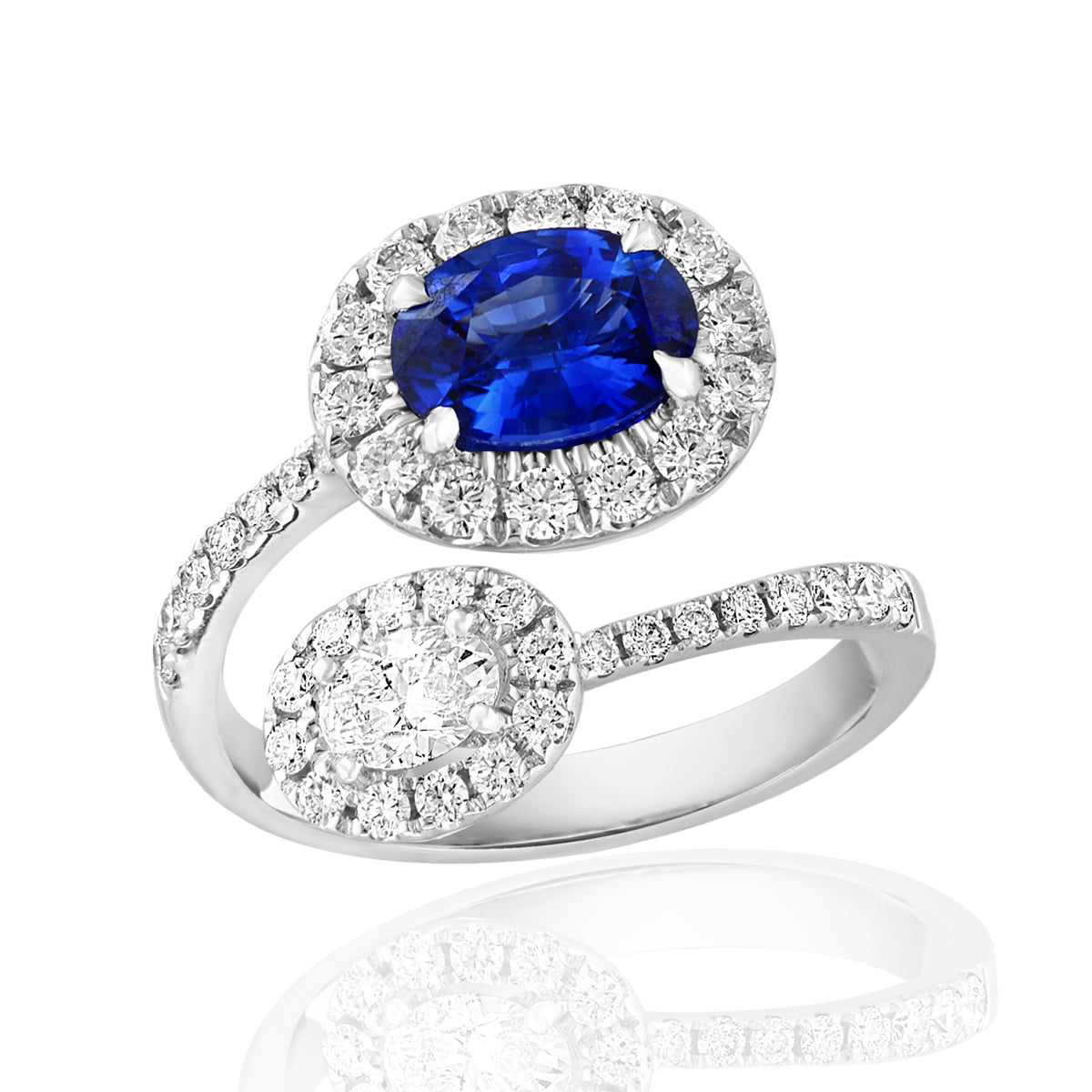 DFJ 18 Karat White Gold Two Stone Sapphire &amp; Diamond Halo Ring