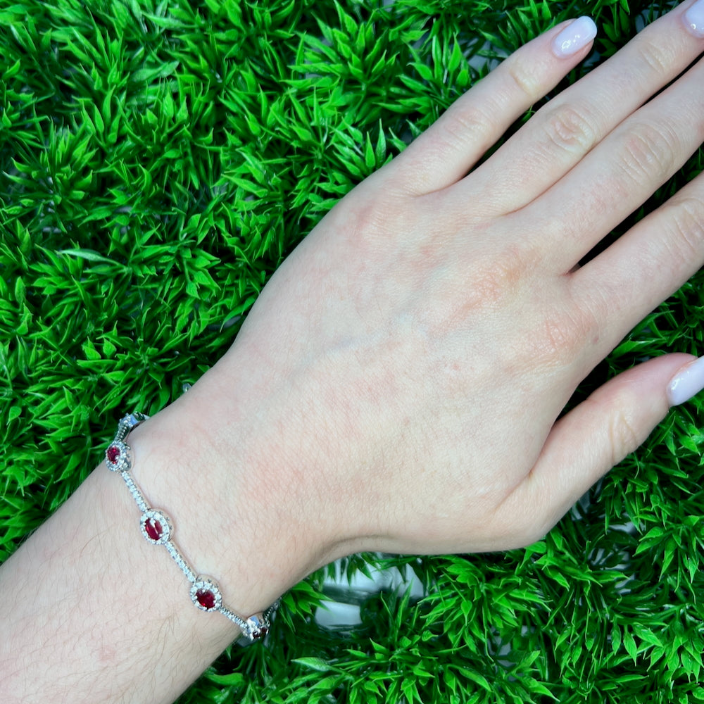 DFJ 14 Karat White Gold Ruby &amp; Diamond Halo Bracelet