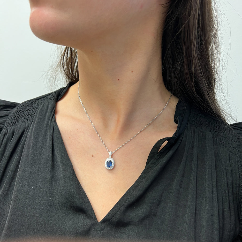 DFJ 18 Karat White Gold Oval Sapphire &amp; Diamond Halo Drop Necklace