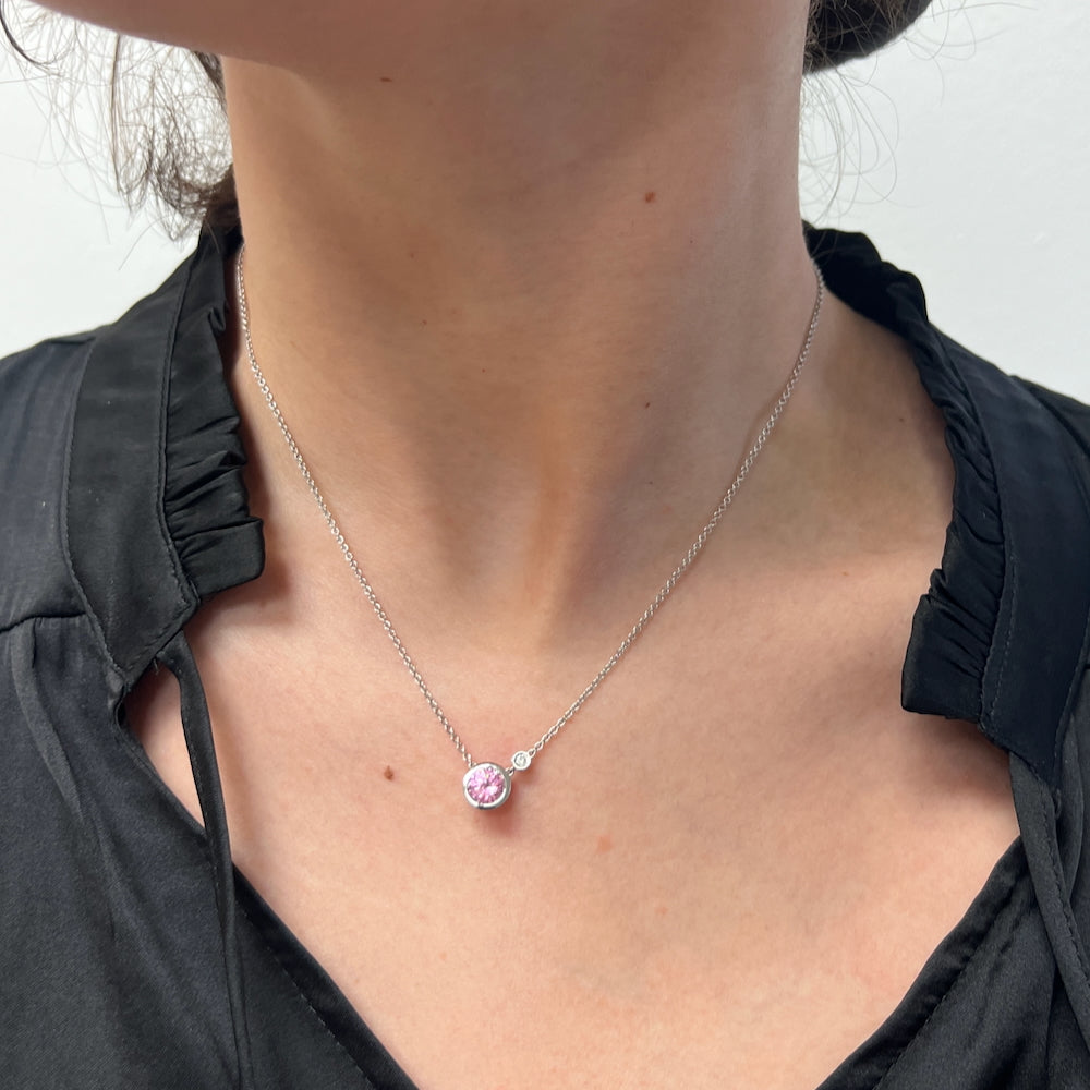 DFJ Sterling Silver Bezel Set Pink Created Zircon Necklace