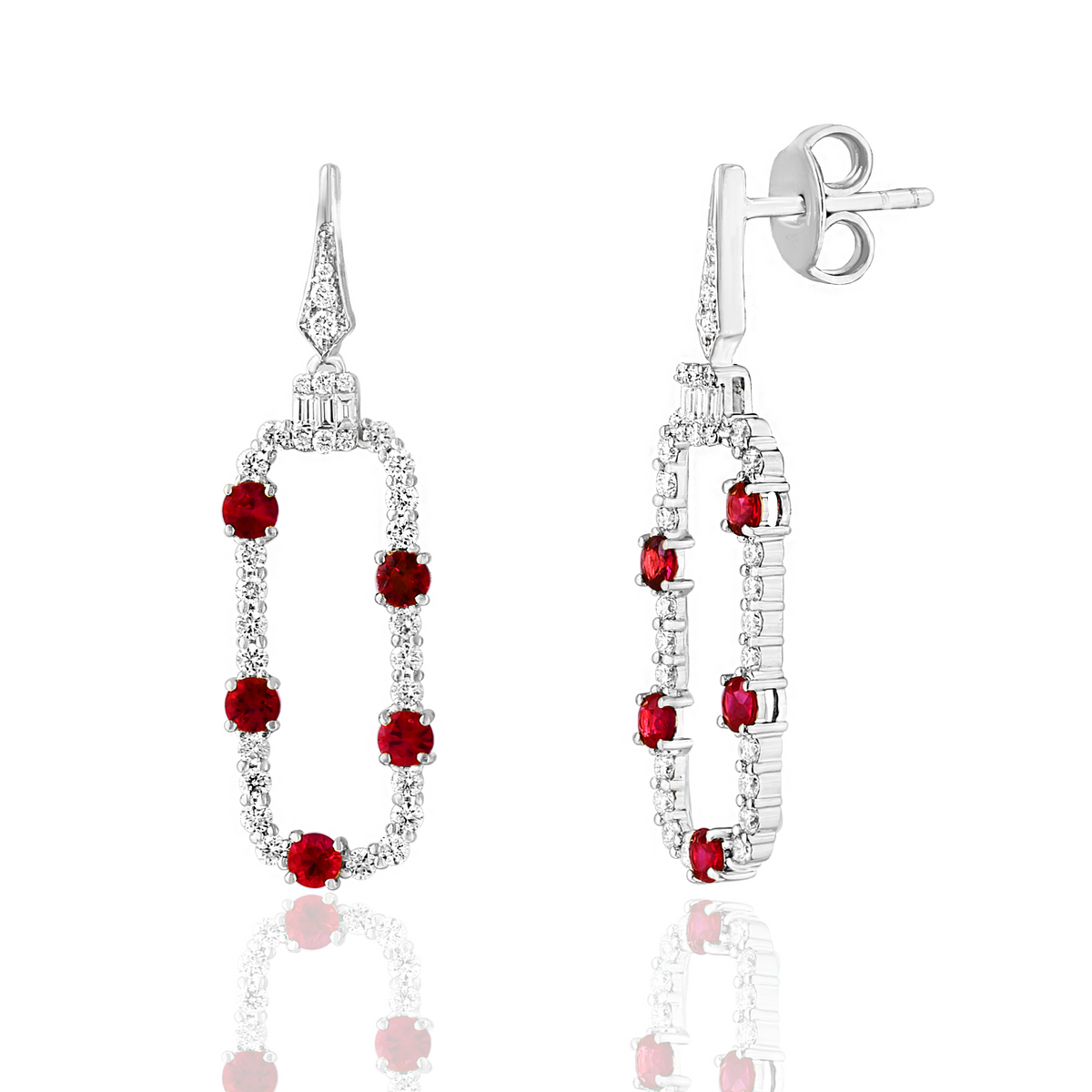 DFJ 14 Karat White Gold Round Ruby & Diamond Drop Earrings - 0.80 TWT