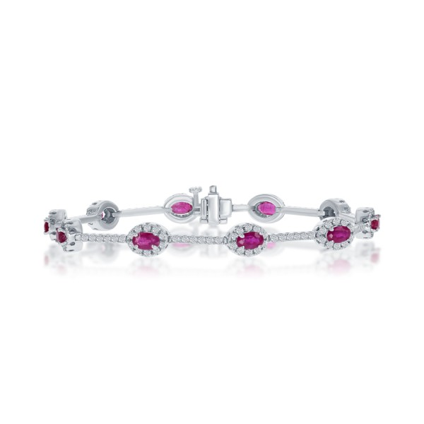 DFJ 14 Karat White Gold Ruby &amp; Diamond Halo Bracelet