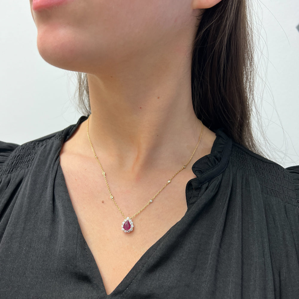 DFJ 18 Karat Yellow Gold Pear Shaped Ruby &amp; Diamond Halo Necklace