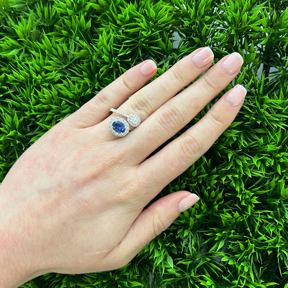 DFJ 18 Karat White Gold Two Stone Sapphire &amp; Diamond Halo Ring