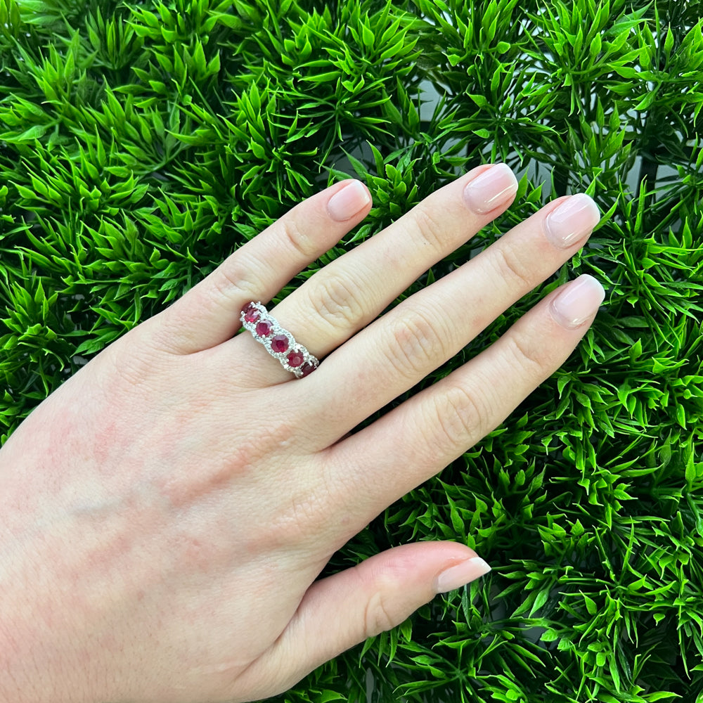 DFJ 14 Karat White Gold Six Ruby &amp; Diamond Halo Band