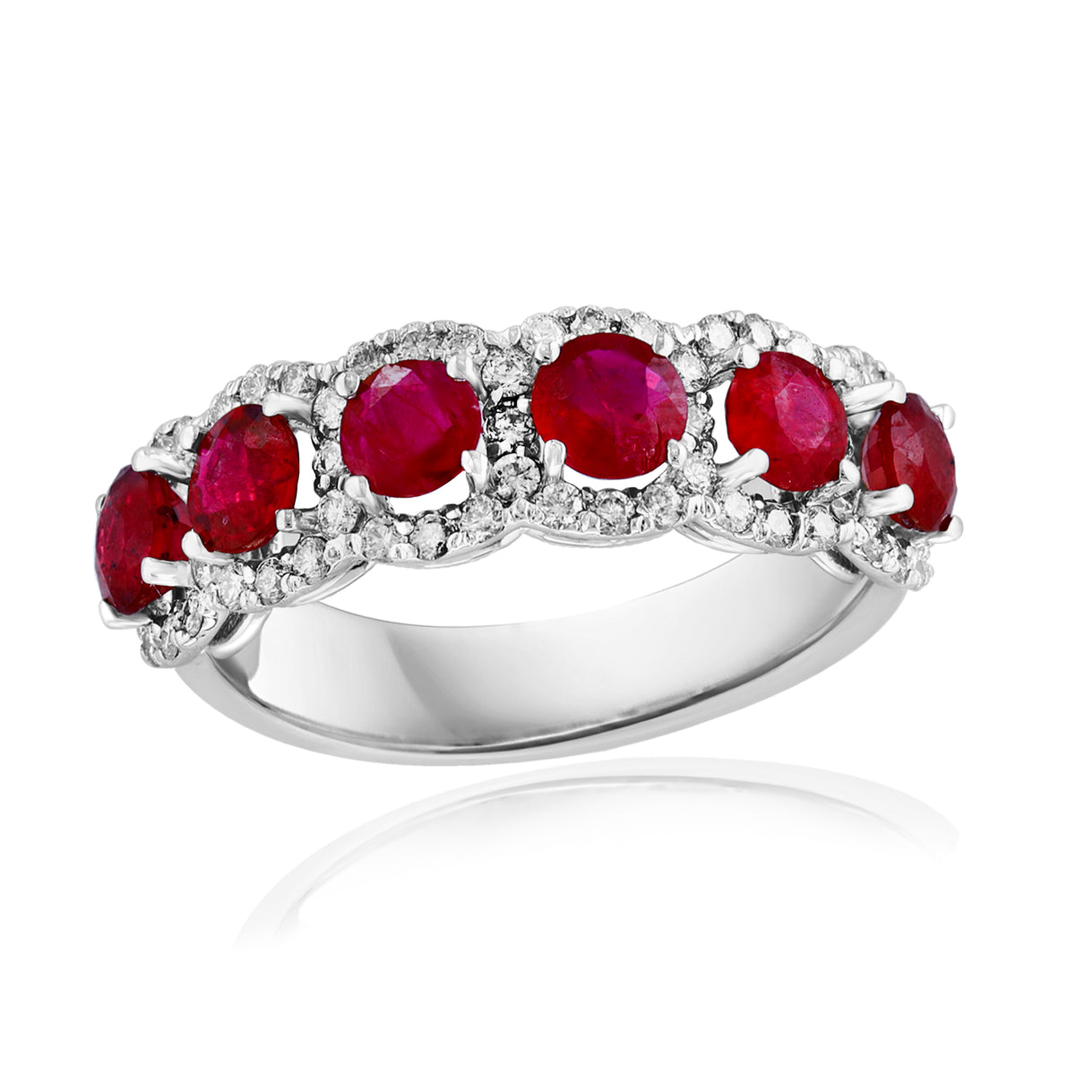 DFJ 14 Karat White Gold Six Ruby &amp; Diamond Halo Band