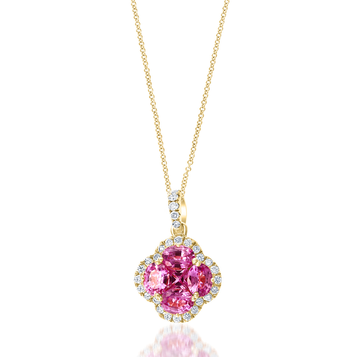 DFJ 18 Karat Yellow Gold Pink Sapphire &amp; Diamond Clover Necklace