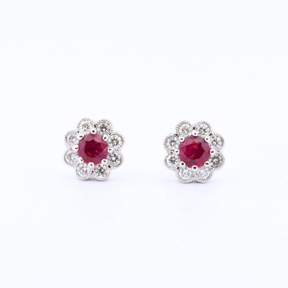 DFJ 14 Karat White Gold Round Ruby Floral Earrings - 0.60 TWT