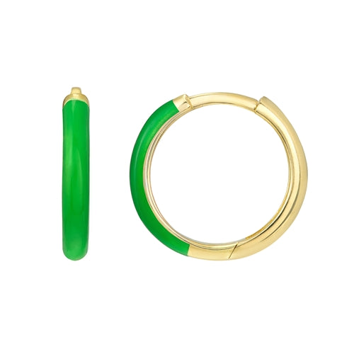 DFJ 14 Karat Yellow Gold Green Enamel Huggies Earrings