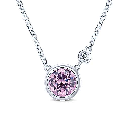 DFJ Sterling Silver Bezel Set Pink Created Zircon Necklace